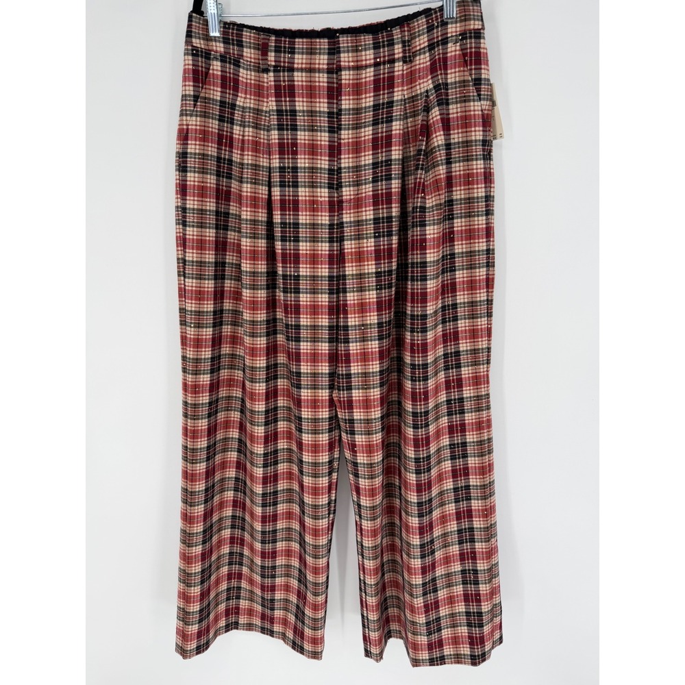 ANTHROPOLOGIE MAEVE THE AVERY SPARKLE PLEATED WIDE LEG TROUSERS LARGE NWT PLAID